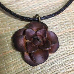 90s Leather Rose Pendant w/ Leather Braided Necklace